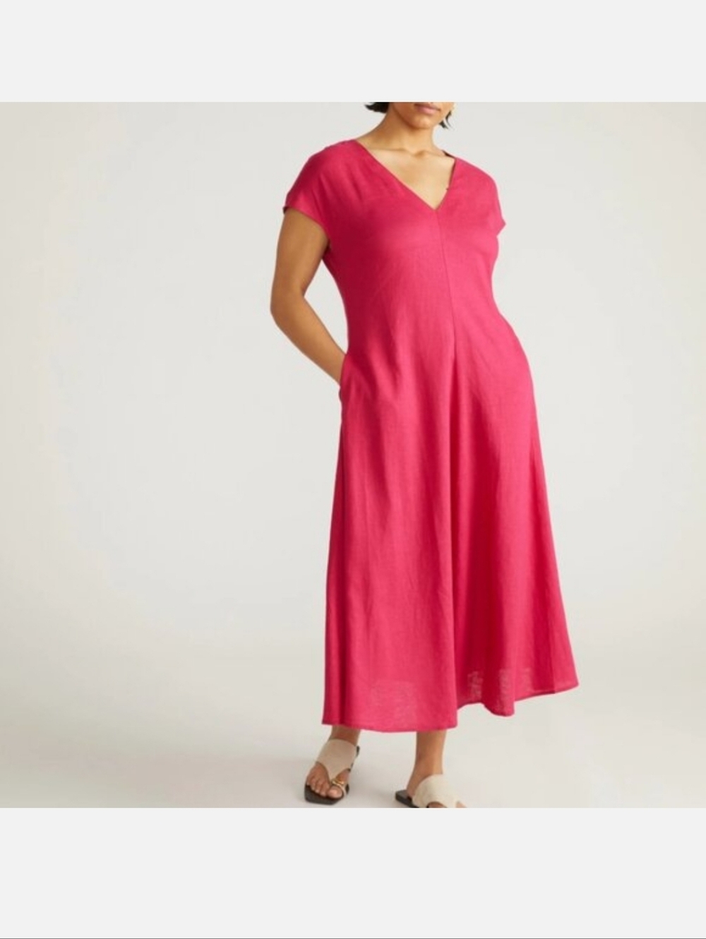 V-Neck Midi Dress in Bright Pink